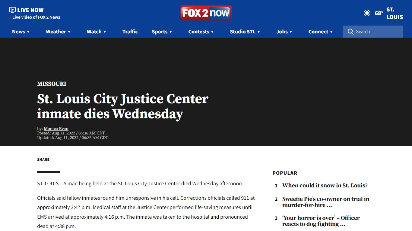 St. Louis City Justice Center inmate dies Wednesday | FOX 2